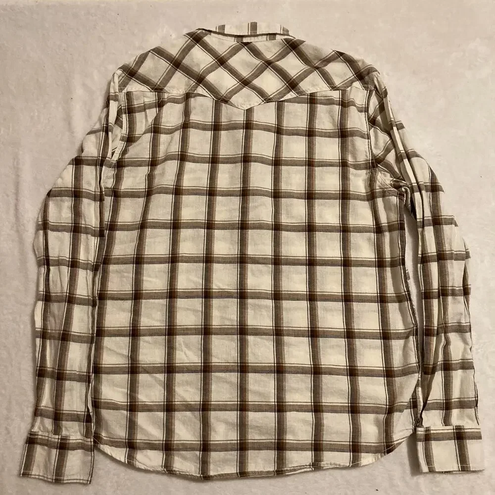 Lucky Brand Men's Brown and Cream Plaid Button Up Flannel Shirt Size Large